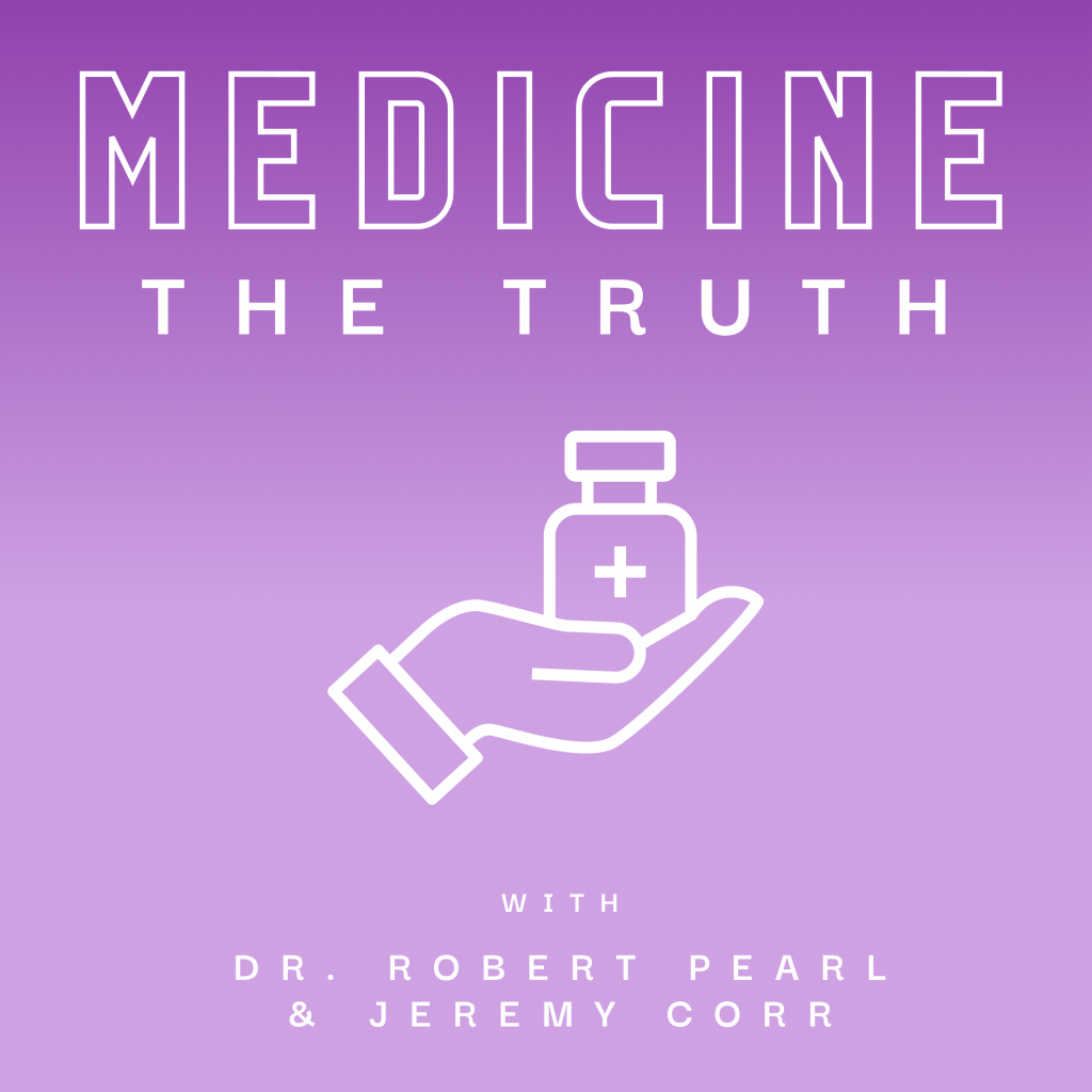 logo for the podcast medciein the truth, featuring a hand holding a vial with a medical cross on the front